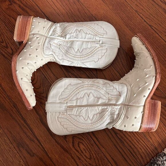Girls Cowgirl Boots & Belt Set Leather White Ostrich Print Handmade in Mexico - Picture 2 of 16